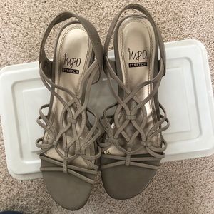 Comfy and stylish tannish grey stretch wedge sandals by Impo in size 8